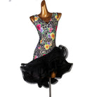 Floral print latin dance dress with black organza skirt seen from the front