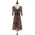 Leopard print latin dance dress with V neckline, black belt and fishtail hem
