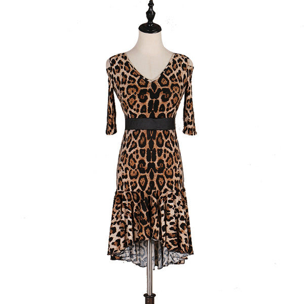 Leopard print latin dance dress with V neckline, black belt and fishtail hem