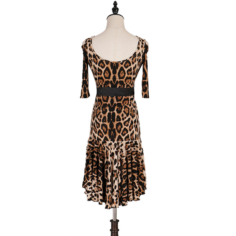 Leopard print latin dance dress rear view showing the low V back