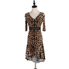 Leopard print latin dance dress side view with the longer back hem