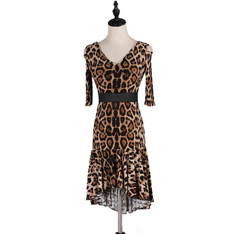 Leopard print latin dance dress side view with the longer back hem
