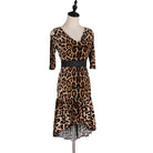 Leopard print latin dance dress front view showing the belted waist