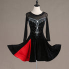 Black latin dance dress with crystal scroll under a mesh yoke and red godet panel