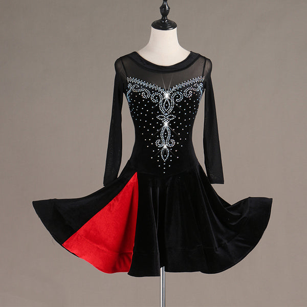 Black latin dance dress with crystal scroll under a mesh yoke and red godet panel