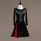 Black latin dance dress front view showing the mesh sleeves and crystal scroll