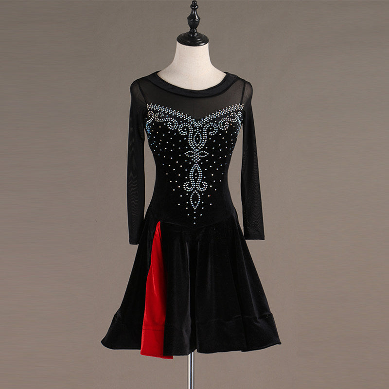 Black latin dance dress front view showing the mesh sleeves and crystal scroll