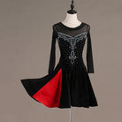 Black latin dance dress with the red godet panel opening at the side