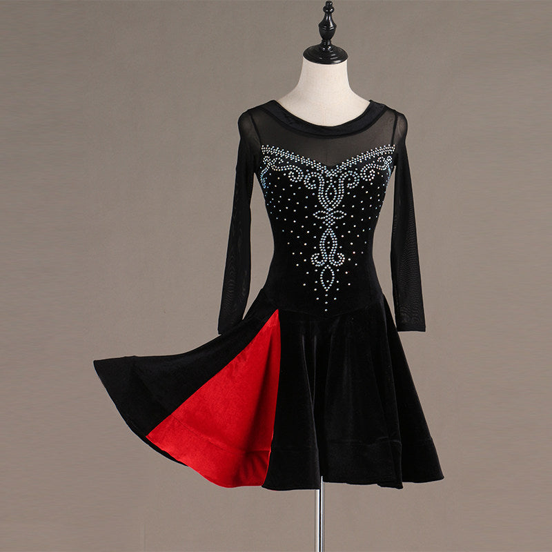 Black latin dance dress with the red godet panel opening at the side