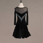 All black latin dance dress with mesh yoke and crystal scroll bodice