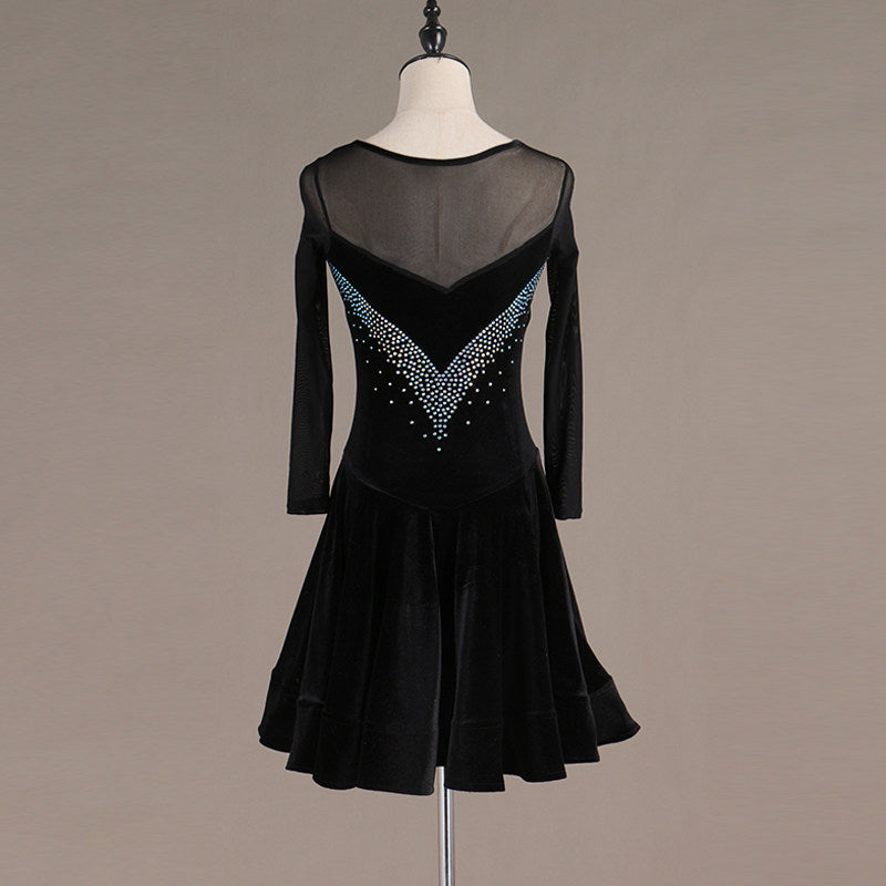 All black latin dance dress with mesh yoke and crystal scroll bodice