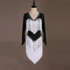 Black latin dance dress with stoned heart panel and white tassel fringe