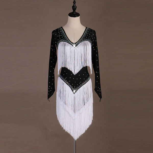 Black latin dance dress with stoned heart panel and white tassel fringe