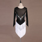 Black latin dance dress rear view showing the mesh back and white fringe