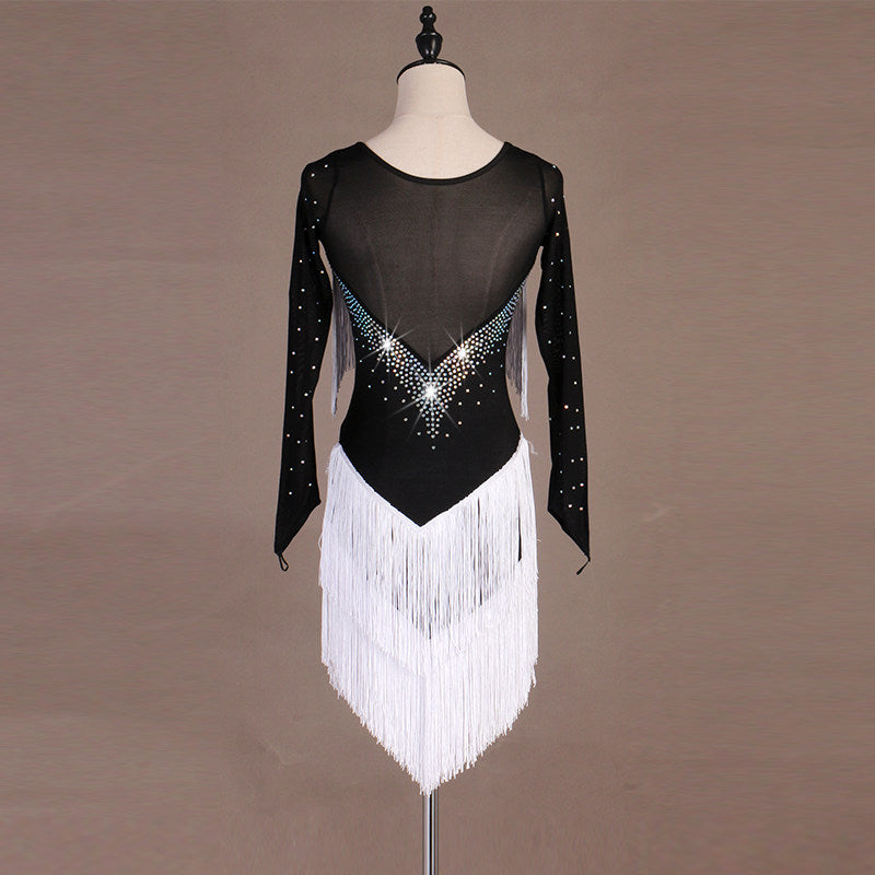 Black latin dance dress rear view showing the mesh back and white fringe