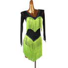 Black latin dance dress with green tassel fringe around the stoned heart panel