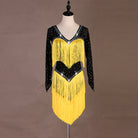 Black latin dance dress with yellow tassel fringe and crystal V neckline