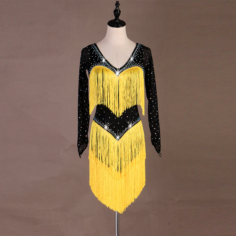 Black latin dance dress with yellow tassel fringe and crystal V neckline