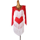 Black latin dance dress with red tassel fringe and stoned heart panel