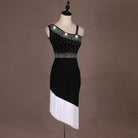 Black latin dance dress with stoned asymmetric straps and white diagonal fringe hem
