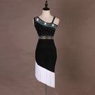 Black latin dance dress angled view showing the crystal packed bodice