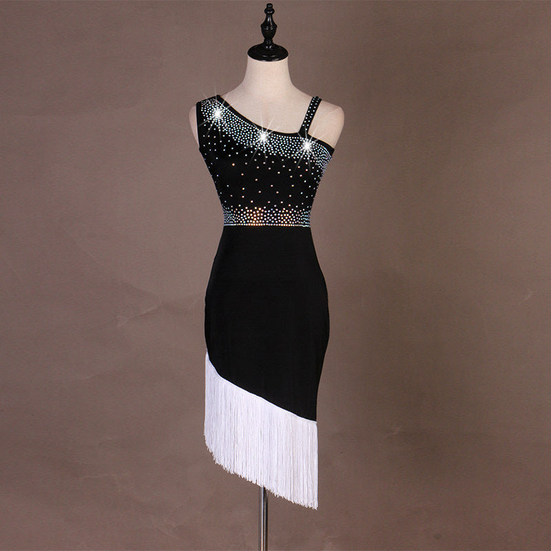 Black latin dance dress angled view showing the crystal packed bodice