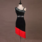 Black latin dance dress with red diagonal fringe hem and stoned bodice
