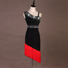 Black latin dance dress side view showing the red fringe on the diagonal