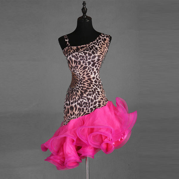 Leopard print one shoulder latin dance dress with rose red curled organza hem