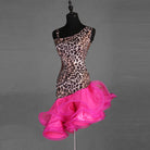 Leopard print one shoulder latin dance dress angled view with the rose ruffles