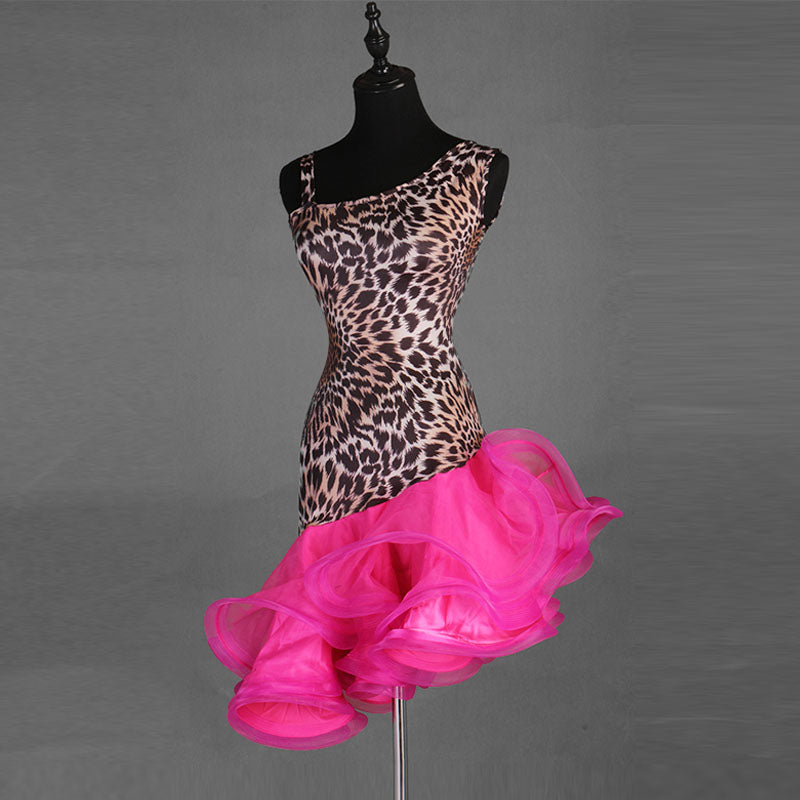 Leopard print one shoulder latin dance dress angled view with the rose ruffles