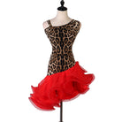 Leopard print one shoulder latin dance dress with red curled organza hem