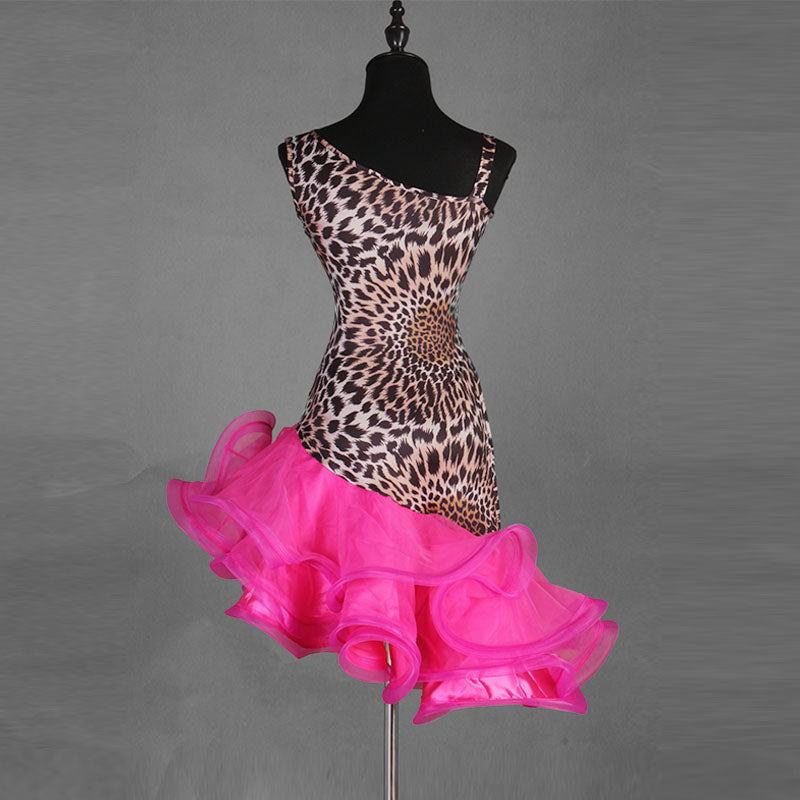 Leopard print one shoulder latin dance dress rear view with the rose hem