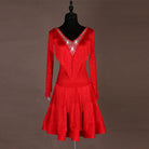 Red latin dance dress with crystal edged fringe chest panel and pleated flared skirt