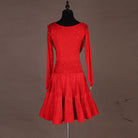 Red latin dance dress front view showing the long sleeves and fringe panel