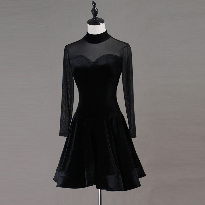Black velvet latin dance dress angled view showing the sweetheart velvet line
