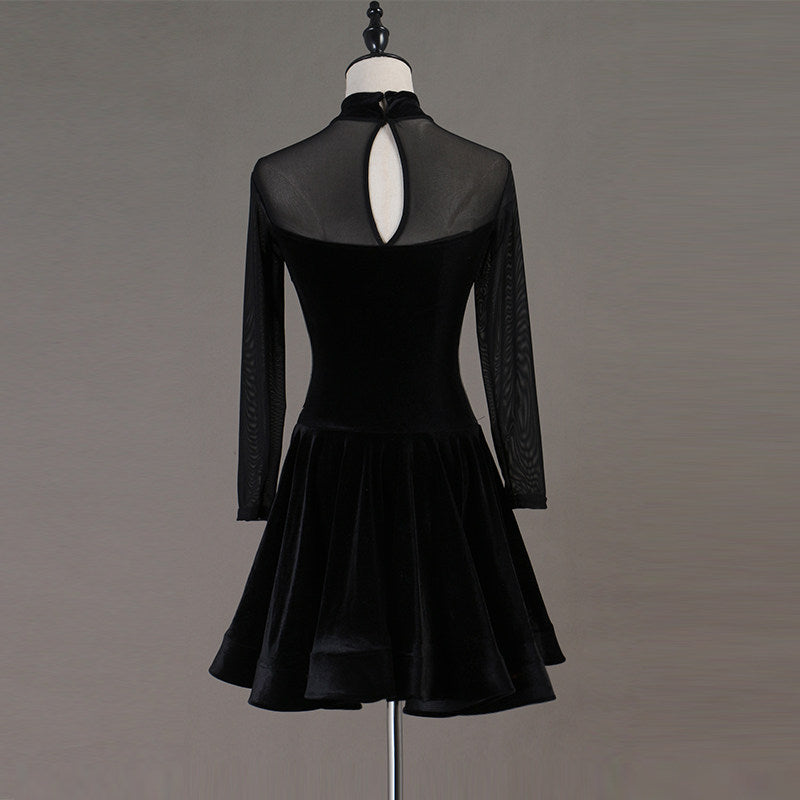 Black velvet latin dance dress rear view with the keyhole mesh back