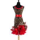Leopard print latin dance dress with red satin sash and red curled organza hem