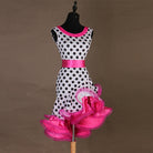 Polka dot latin dance dress angled view with the rose organza hem