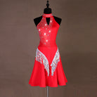 Red latin dance dress with stoned halter collar and silver sequin fringe at the hips
