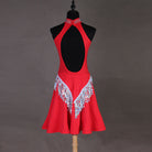 Red latin dance dress rear view showing the fully open back below the halter band