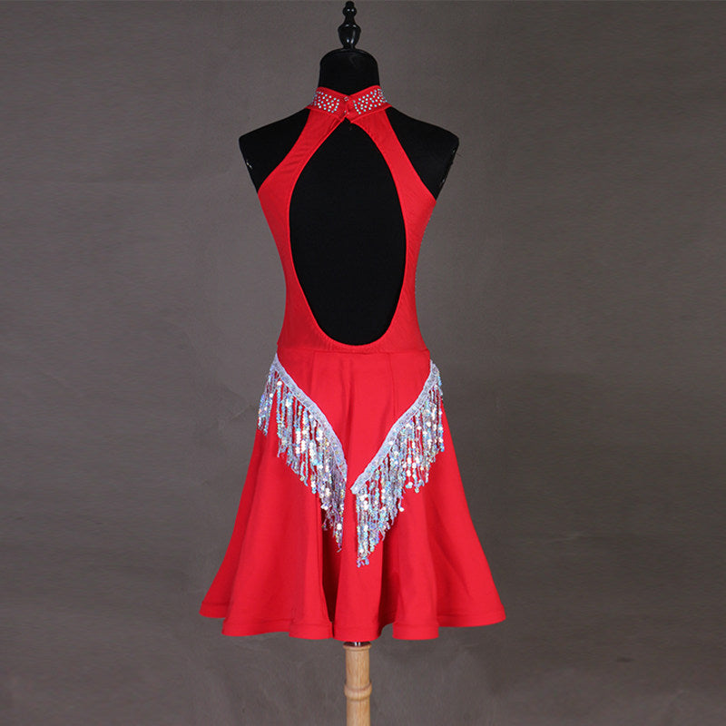 Red latin dance dress rear view showing the fully open back below the halter band