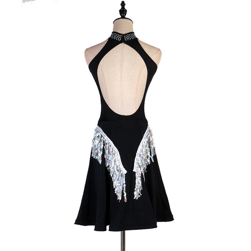 Black latin dance dress with silver sequin fringe hips seen from the back