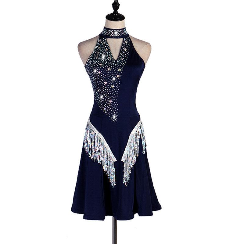 Navy latin dance dress with silver sequin fringe across the hips