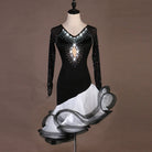 Black latin dance dress with pearl and crystal bodice and white edged organza skirt