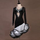 Black latin dance dress angled view showing the stoned mesh sleeves