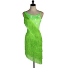 Green latin dance dress with a single diagonal tassel fringe sweep and stoned strap