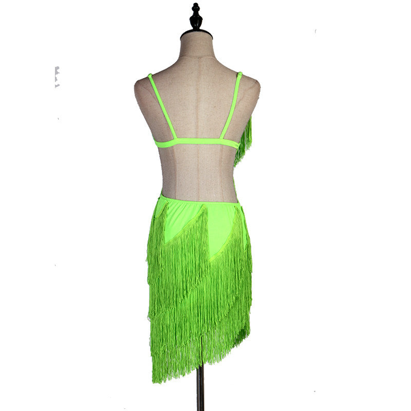 Green diagonal fringe latin dance dress rear view showing the bare back