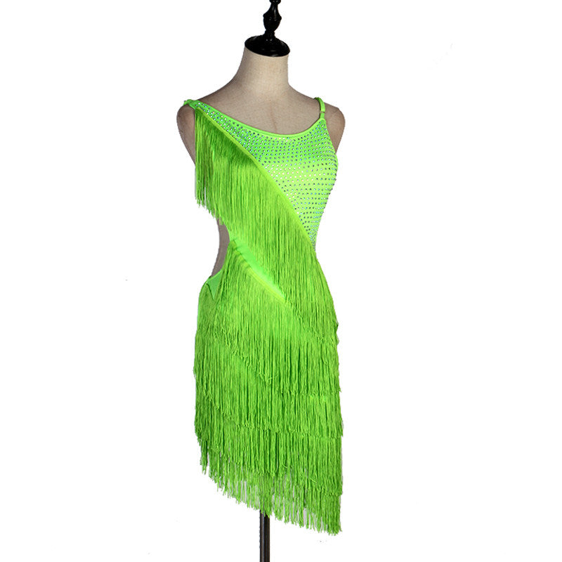 Green diagonal fringe latin dance dress angled view with the fringe in motion