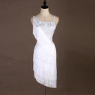 White latin dance dress with diagonal tassel fringe and stoned strap